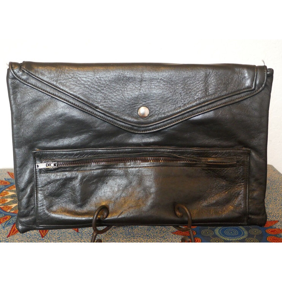 Vintage Black Leather Envelope Strapless Unisex Clutch Bag 9" x 13" Boho Hippie - Picture 1 of 16